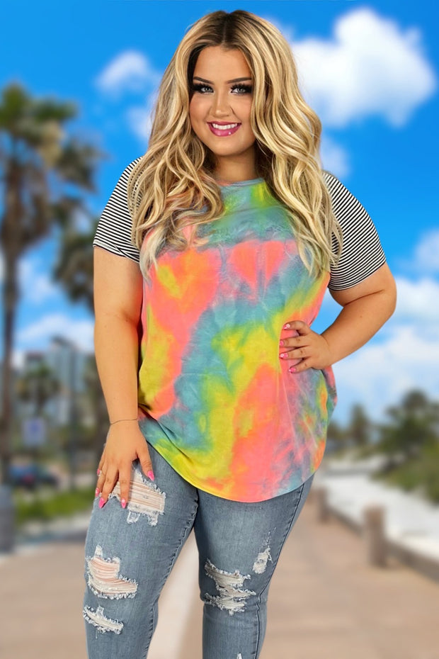 29 OR 33 CP-P {All I Know} Neon Coral Tie Dye Stripe Sleeve Top PLUS SIZE XL 2X 3X