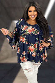 60 PQ-H {Force Of Nature} Dark Navy Floral Babydoll Top EXTENDED PLUS SIZE 3X 4X 5X