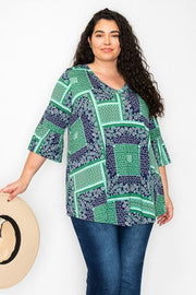 32 PQ {Coming In Hot} Green/Navy Paisley V-Neck Top CURVY BRAND!!!  EXTENDED PLUS SIZE 4X 5X 6X