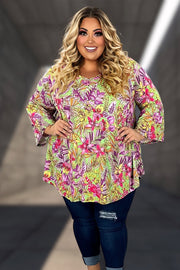 36 PQ-A {Tropical Tango} Lime Tropical Floral V-Neck Top EXTENDED PLUS SIZE 3X 4X 5X