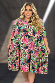 47 OR 37 PSS-A {Blissful Break} Multi-Color Leaf Print Tiered Dress EXTENDED PLUS SIZE 3X 4X 5X