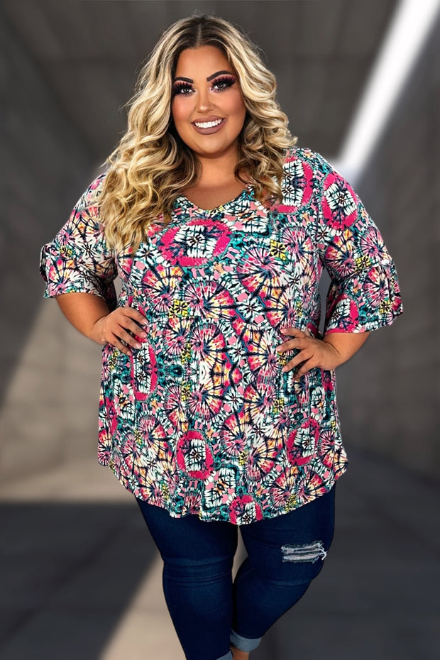 77 PQ-R {Dreams Of Color} Fuchsia Mint Printed Babydoll Top EXTENDED PLUS SIZE 3X 4X 5X