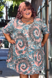 63 PSS-J {Adjust Your Focus} Brown/Coral Print Dress EXTENDED PLUS SIZE 3X 4X 5X