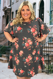 88 PSS-G {Roll Out The Coral} Grey/Coral Floral Dress EXTENDED PLUS SIZE 3X 4X 5X  SALE!!!!