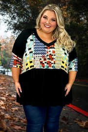 25 OR 32 CP-A {Sweet Encounter} Black/Multi-Color V-Neck Tunic SALE!!!CURVY BRAND!! EXTENDED PLUS SIZE 3X 4X 5X 6X