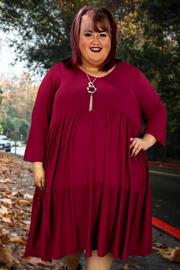 LD-H {Worth It All} Wine V-Neck Tiered Dress EXTENDED PLUS SIZE 1X 2X 3X 4X 5X