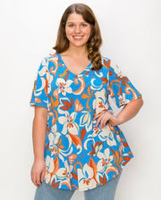 80 PSS-A {Floral Attitude} Blue Floral V-Neck Tunic CURVY BRAND!!!  EXTENDED PLUS SIZE 4X 5X 6X