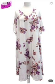 99 PSS-J {Illusion Of Bliss} Ivory Floral Print V-Neck Dress EXTENDED PLUS SIZE 3X 4X 5X