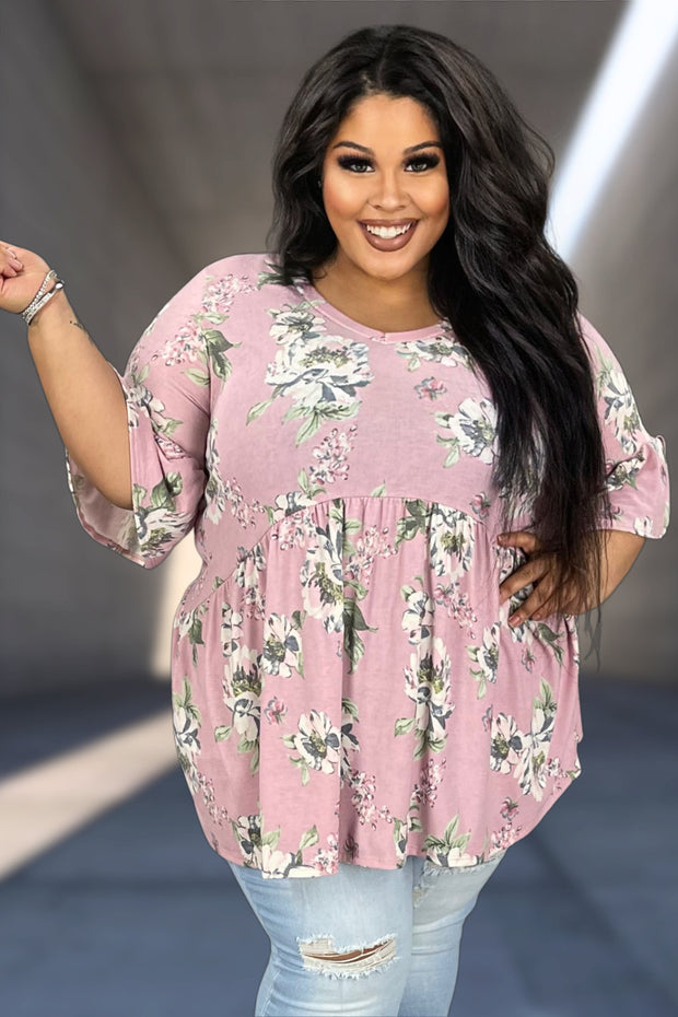 29 PSS-Q {Loved For Style} Mauve Floral V-Neck Babydoll Top EXTENDED PLUS SIZE 3X 4X 5X