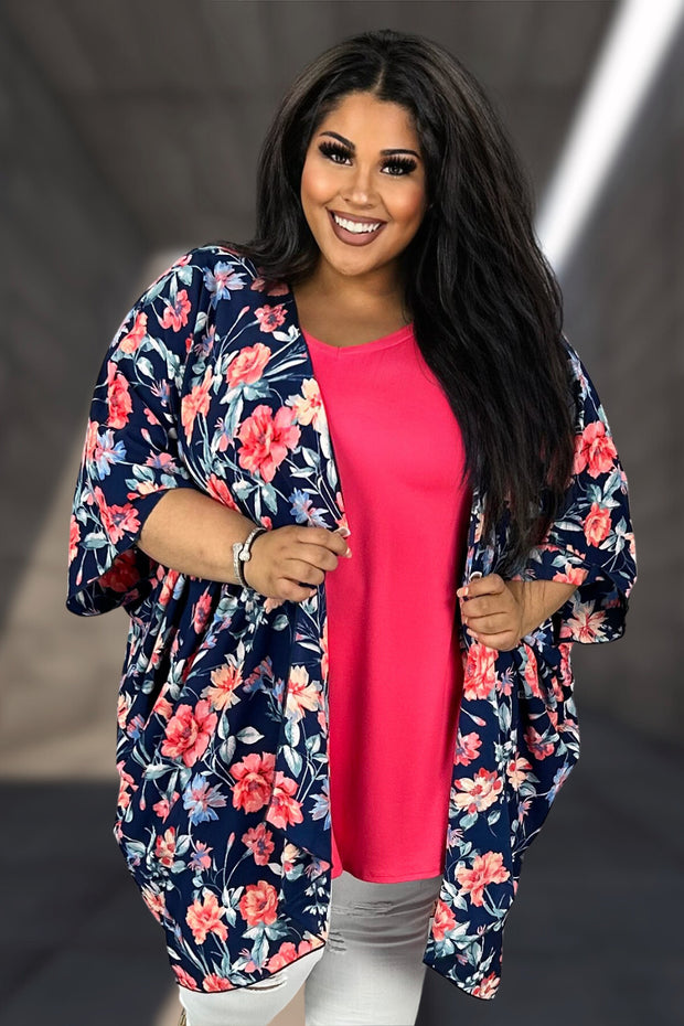 23 OT {Are You Ready} Navy/Pink Floral Kimono EXTENDED PLUS SIZE 3X 4X 5X