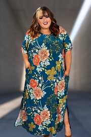 LD-Z {Dressed In Love} SALE!! Teal Floral V-Neck Maxi Dress EXTENDED PLUS SIZE 3X 4X 5X