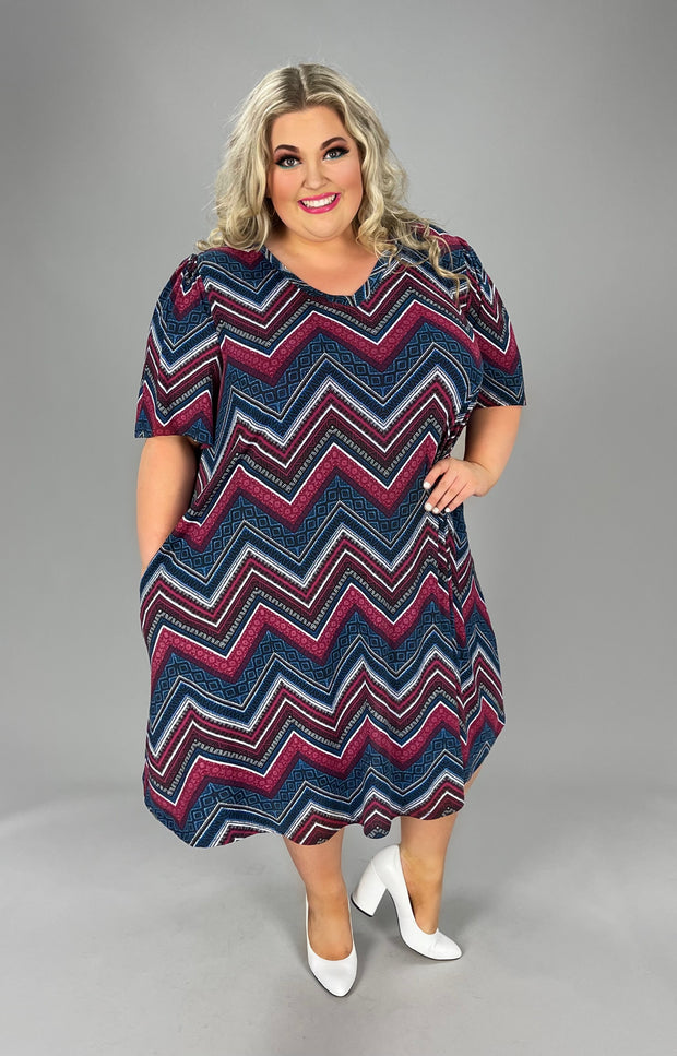89 OR 85 PSS-D {Forever Fearless} Navy/Maroon ZigZag Print Dress EXTENDED PLUS SIZES 3X 4X 5X