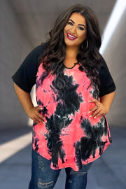 29 CP-J {For Your Pleasure} Black/Neon Coral Tie Dye Tunic CURVY BRAND!!!  EXTENDED PLUS SIZE XL 2X 3X 4X 5X 6X