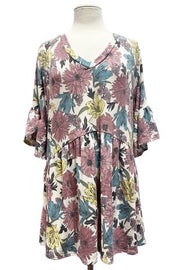 30 PSS-R {Live Well Dress Well} Ivory Floral V-Neck Babydoll Top EXTENDED PLUS SIZE 3X 4X 5X