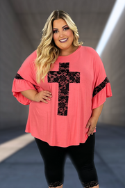 45 SD-R {At The Cross} Coral/Black Lace Cross & Sleeve Detail Top CURVY BRAND!!!  EXTENDED PLUS SIZE XL 2X 3X 4X 5X 6X