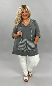 94 CP-F {Hometown Girl} GRAY  Hoodie W/Striped Contrast CURVY BRAND!!  EXTENDED PLUS SIZE 3X 4X 5X 6X