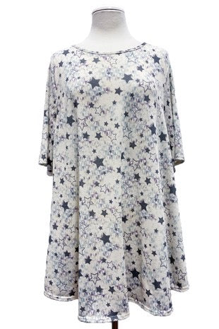 33 PSS-D {Clean Getaway} Ivory/Grey Star Print Top EXTENDED PLUS SIZE 3X 4X 5X