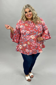 89 PQ-Z {Classic Gal} Brick Red Floral Bell Sleeve Top EXTENDED PLUS SIZE 3X 4X 5X SALE!!!