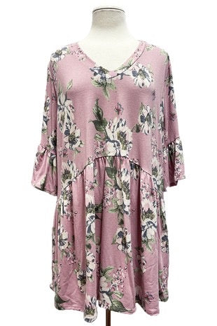 29 PSS-Q {Loved For Style} Mauve Floral V-Neck Babydoll Top EXTENDED PLUS SIZE 3X 4X 5X
