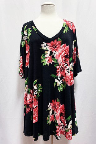 86 PSS {Boldly Blooming} Black Lg. Floral V-Neck Tunic EXTENDED PLUS SIZE 3X 4X 5X