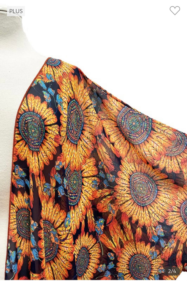 52 OT-A {Meet Your Style}Black/Orange Sunflower Kimono EXTENDED PLUS SIZE 3X 4X 5X