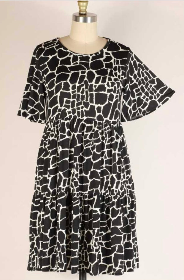 95 PSS-A {Cooling Trend} Black Giraffe Print Tiered Dress PLUS SIZE 1X 2X 3X  SALE!!!