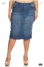 BT-W {Out on The Town} Blue Wash Denim Mid Length Skirt SALE!!! PLUS SIZE XL 2X 3X