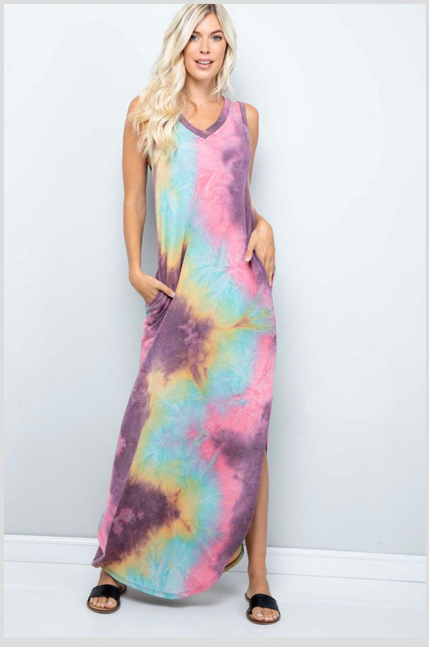 LD-A {My Rainbow}  Tie Dye V-Neck Maxi Dress PLUS SIZE 1X 2X 3X   SALE!!!!