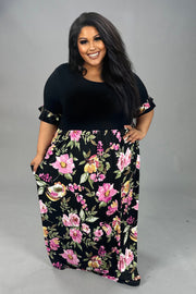 LD-Z {Elegant Garden} Black/Pink Floral Print Maxi Dress EXTENDED PLUS SIZE 3X 4X 5X