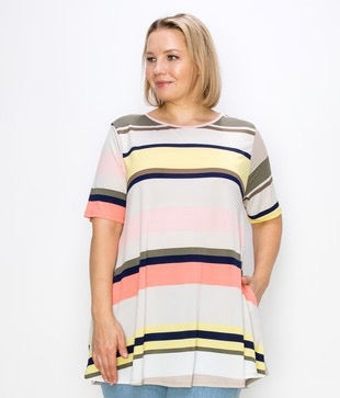 23 PSS-M {Trading Secrets} Taupe/Yellow Stripe Top EXTENDED PLUS SIZE 3X 4X 5X