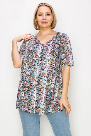 76 PSS-P {Without A Doubt} Grey Mixed Print V-Neck Top EXTENDED PLUS SIZE 3X 4X 5X