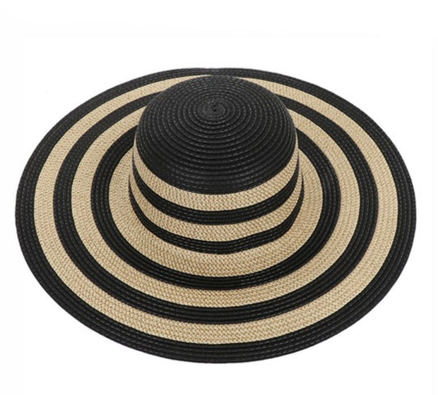 HATS-   {Pretty Scenery} Black Print Straw Hat w/Ribbon