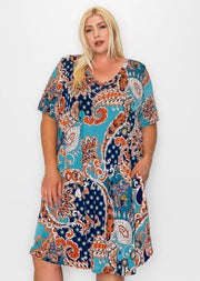 44 PSS-X {Time To Twirl} Teal/Rust Paisley Print Dress EXTENDED PLUS SIZE 3X 4X 5X
