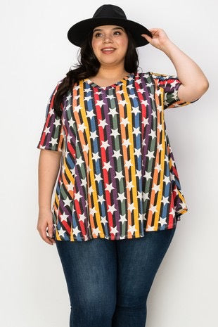 13 PSS-A {A Star Above} Rainbow Stripe Star V-Neck Top EXTENDED PLUS SIZE 3X 4X 5X