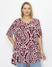 44 PSS-R {Stroll On By} Dk.Rust Print V-Neck Top EXTENDED PLUS SIZE 3X 4X 5X